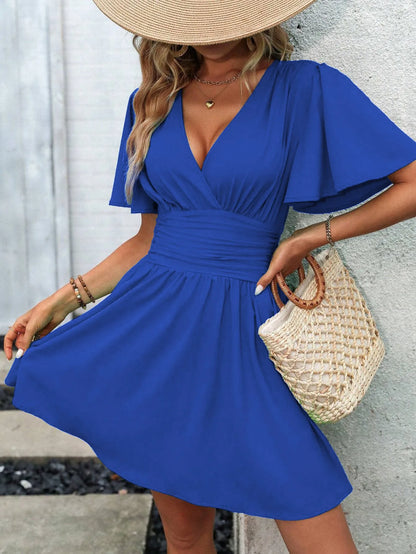 2025 New Summer Deep V-Neck Smocked Ruffled Sleeves Bodycon Dress Women French Retro Style Solid Color Short Long Midi Maxi Dres
