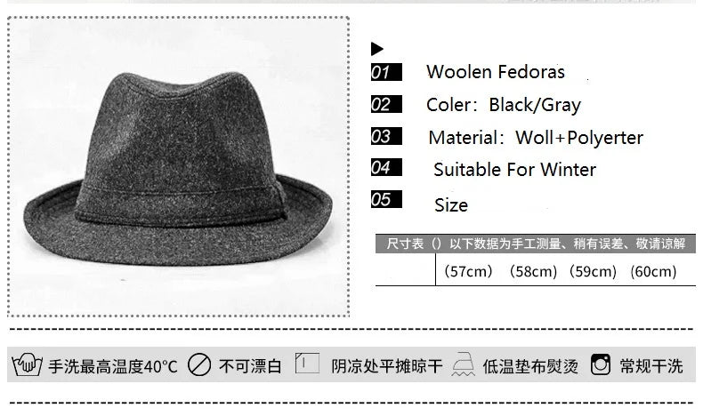 Winter Solid Woollen Fedoras For Men Top Jazz  Hat Adult Bowler Hats Classic Version Chapeau Hats