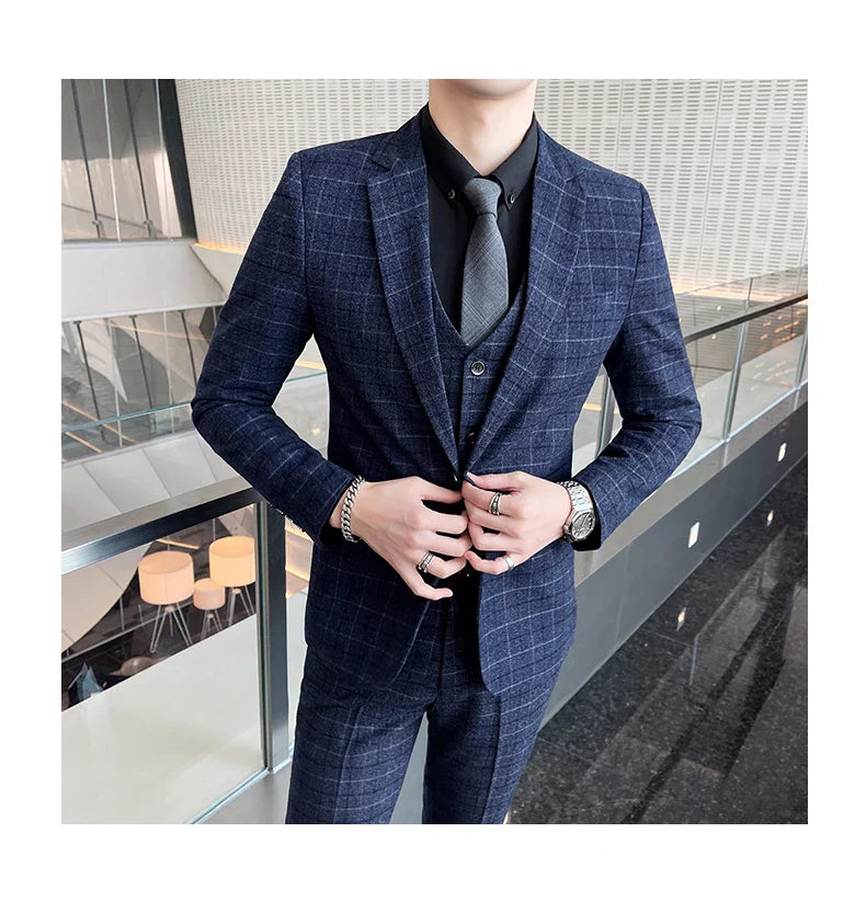 Men's High-Quality Cotton Texture Wedding Suit Set - Plaid Pattern Business Casual Three-Piece Vest Trousers Ensemble