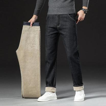 Winter Warm Fleece Jeans Men 2025 Straight Stretch Thick Casual Thermal Denim Pants Male Business Work Trousers New Men Clothing