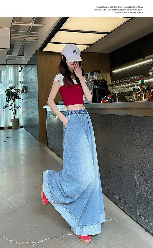 Casual High Waist Wide Leg Jeans Women's Loose Fit Summer Faion plus Size American Sle Cuffed Casual Denim Skirt Pants