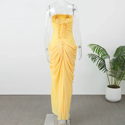 Women Strapless Pleated Long Dress Elegant Solid Split Sleeveless Backless High Waist Slim Fit Maxi Dresses 2026 Lady Party Robe