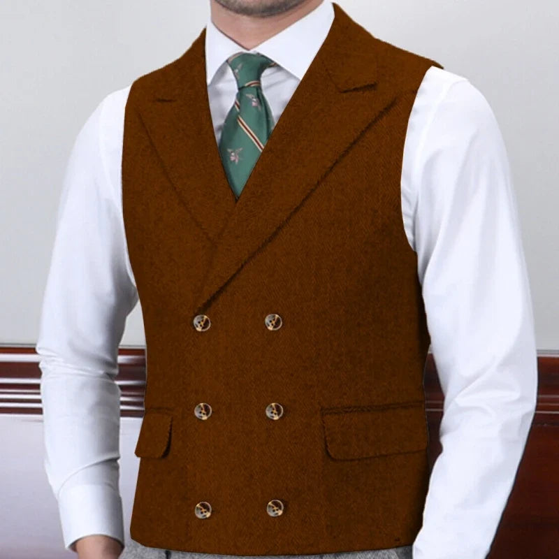 Men Vest Gray Herringbone With Lapel Double Button Waistcoat For Wedding Business Banquet Work Daily Casual Men Suit Vest