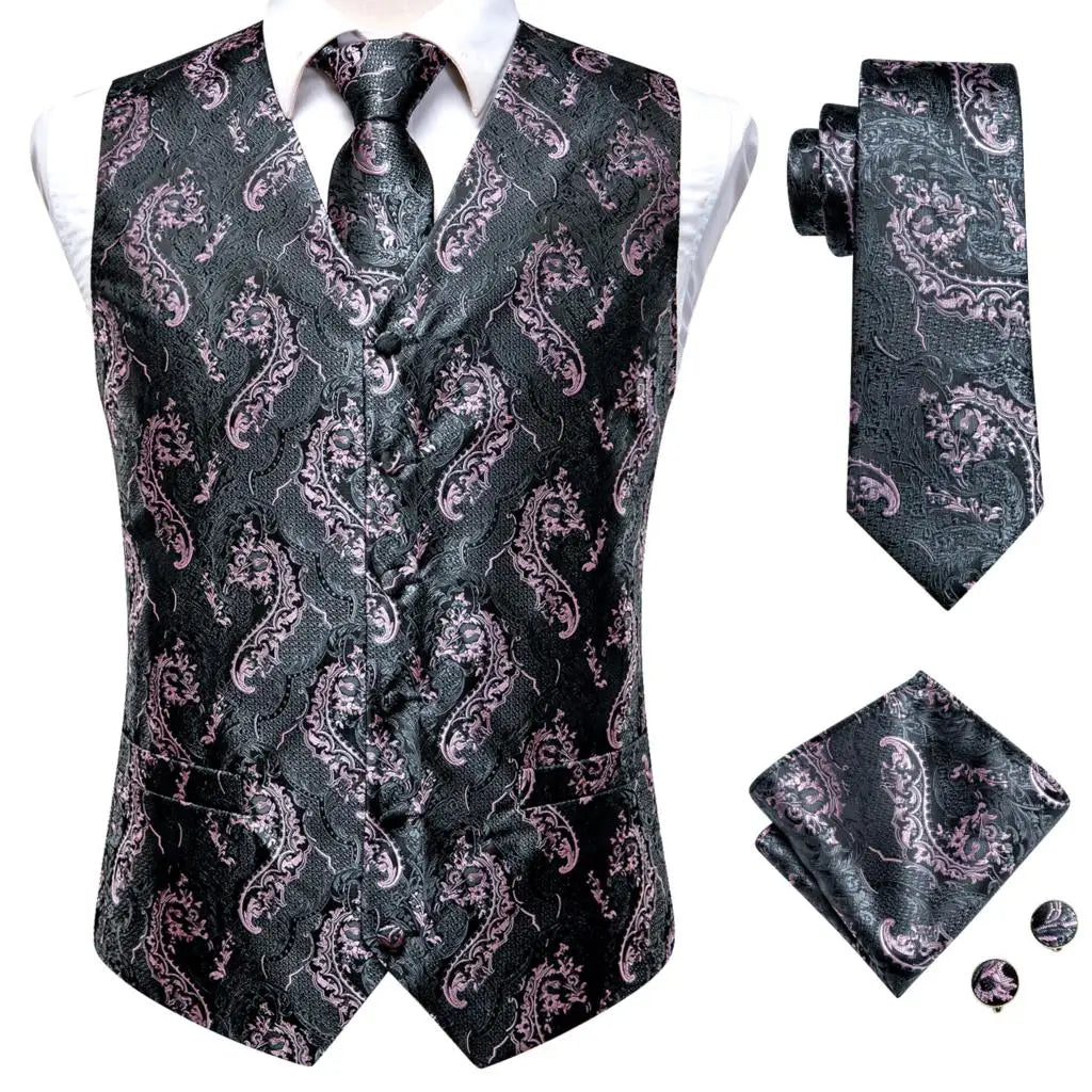 Navy Blue Mens Vest Formal Paisley Waistcoat Jacket Tie Handkerchief Cufflinks Set For Male Dress Suit Wedding Party