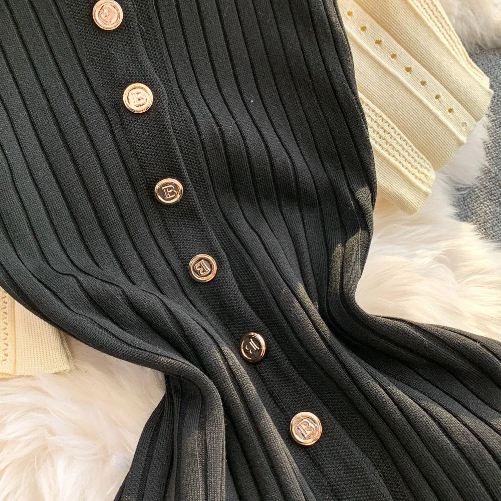 Women Dress 2026 Spring and Summer Elegant Patchwork One-Piece Knitted Maxi Dress Office Lady Slim Waist Sweater Dress