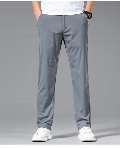 Ultra-thin Ice Silk Cool Men's  Casual Pants Summer New High Elasticity Quick-drying Drape Business Straight Trousers Black Gray