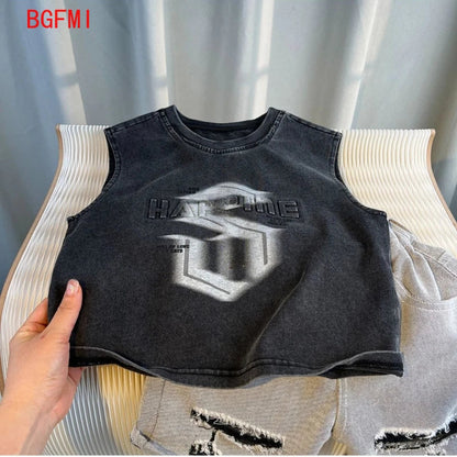 Korean Children's Summer Clothes Kids Set Outfits Boys 2026 Handsome Sleeveless&Short Sleeved T-shirt Denim Shorts 2-piece Set