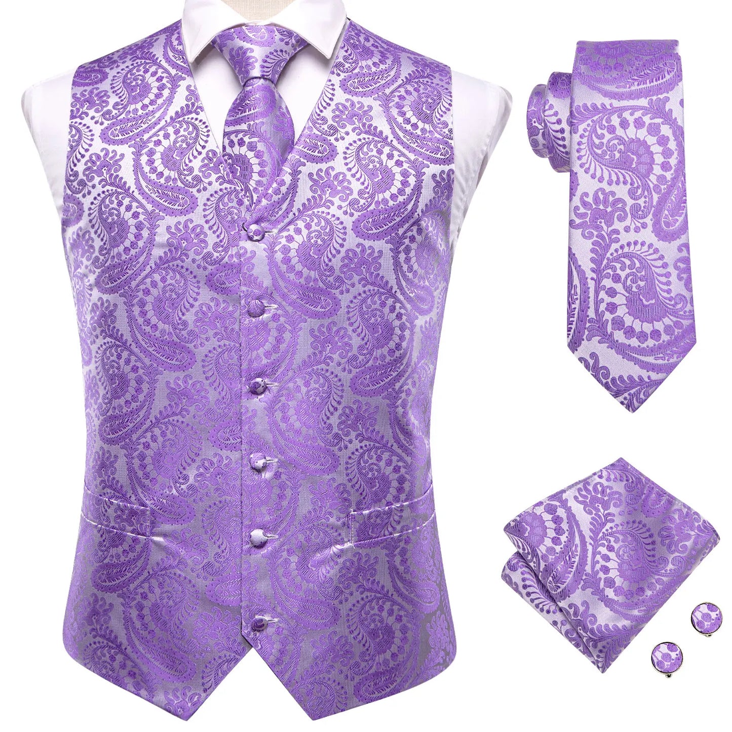 Purple Silk Mens Waistcoat Tie Set Sleeveless Jacket Suit Vest Necktie Hanky Cufflinks Wedding Business Oversized