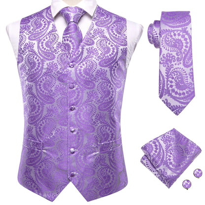 Purple Silk Mens Waistcoat Tie Set Sleeveless Jacket Suit Vest Necktie Hanky Cufflinks Wedding Business Oversized