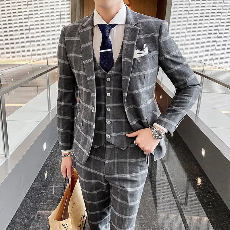 Blue Men Classic Striped/Checked Suits, Asian Size Slim Fit Business Office 3-Piece Sets, Black/Gray and Red Available.
