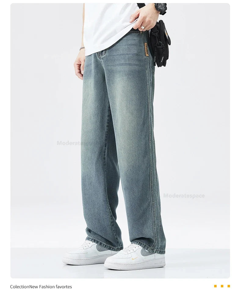 Stretch Jeans Men's 2024 New Lyocell Fabric High Quality Soft Loose Wide Pants Elastic Waist Casual Denim Trousers Streetwear