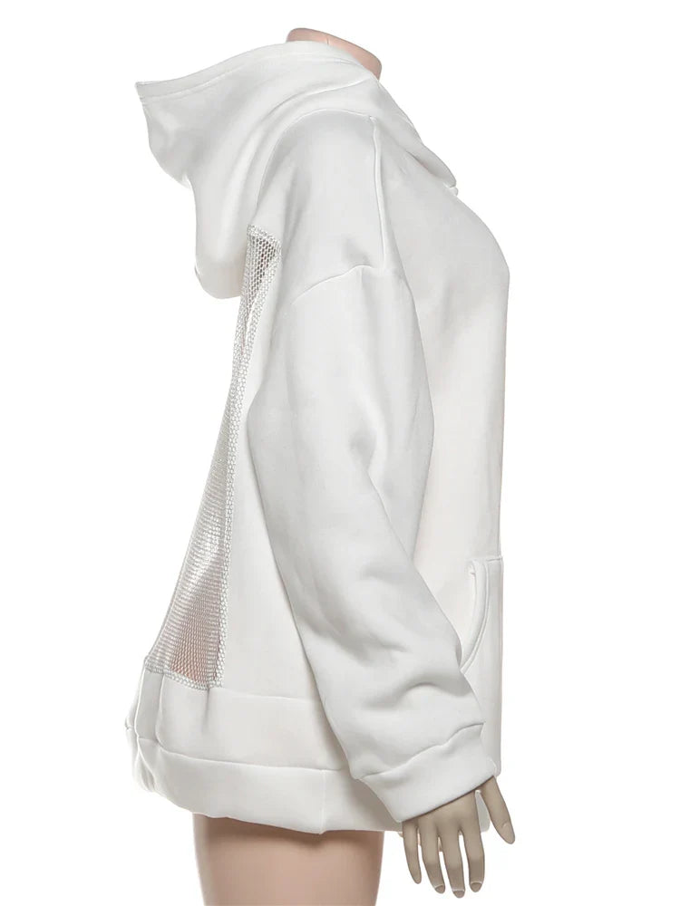 Hooded Harajuku Sweatshirt Women Autumn Trend Backless ShinyThrea Mesh Patchwork Casual Street Hipster Pulloverr