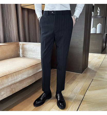 High Quality Striped Suit Pants 2025 Autumn New Fashion Slim Fit Business Elastic waisted Pants Male Wedding Party Trousers