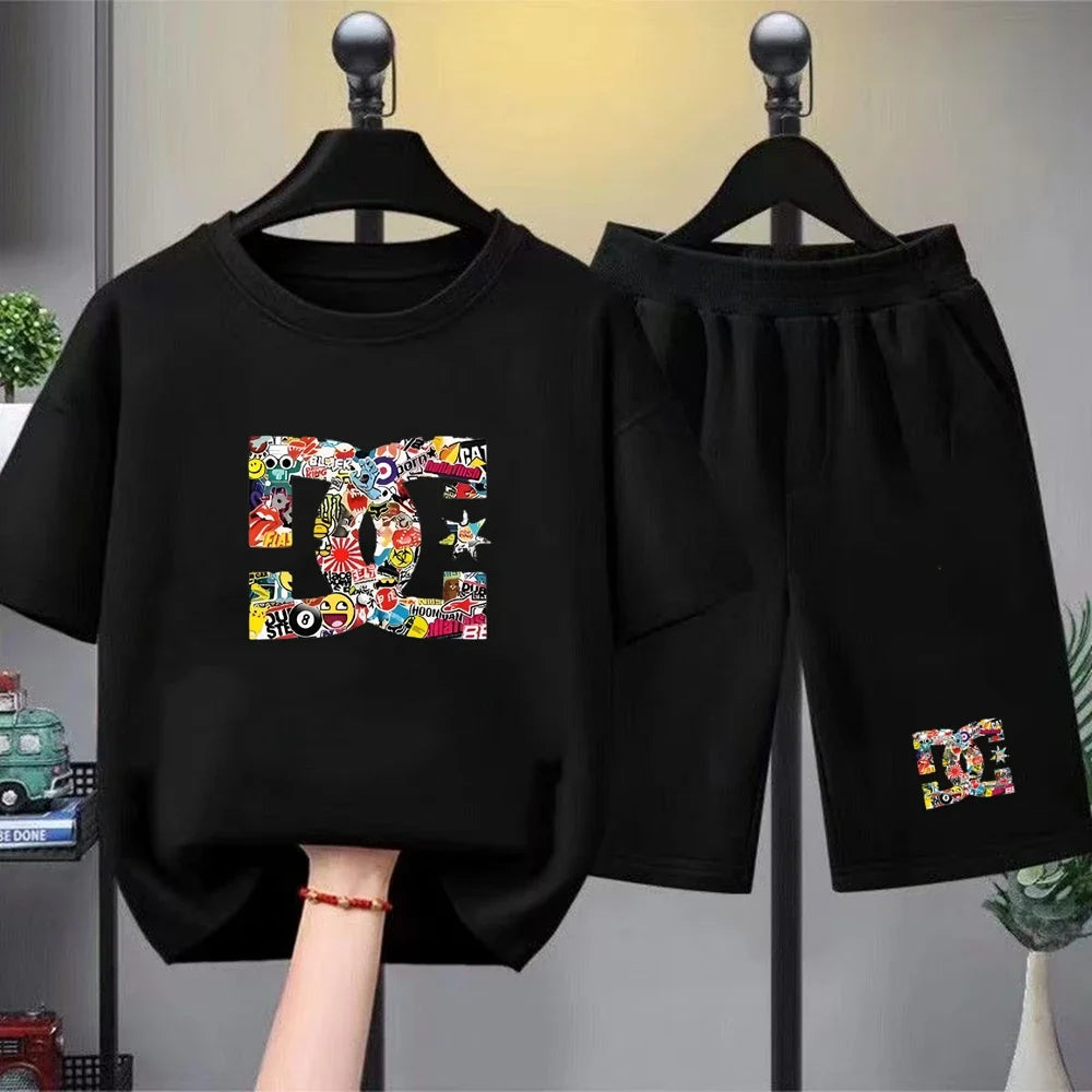 Kids Summer T-Shirt Sets Girls White Boy Black Red Casual T-Shirt+Shorts Printed Kids Outfits Teen Children's Loose Short Sleeve