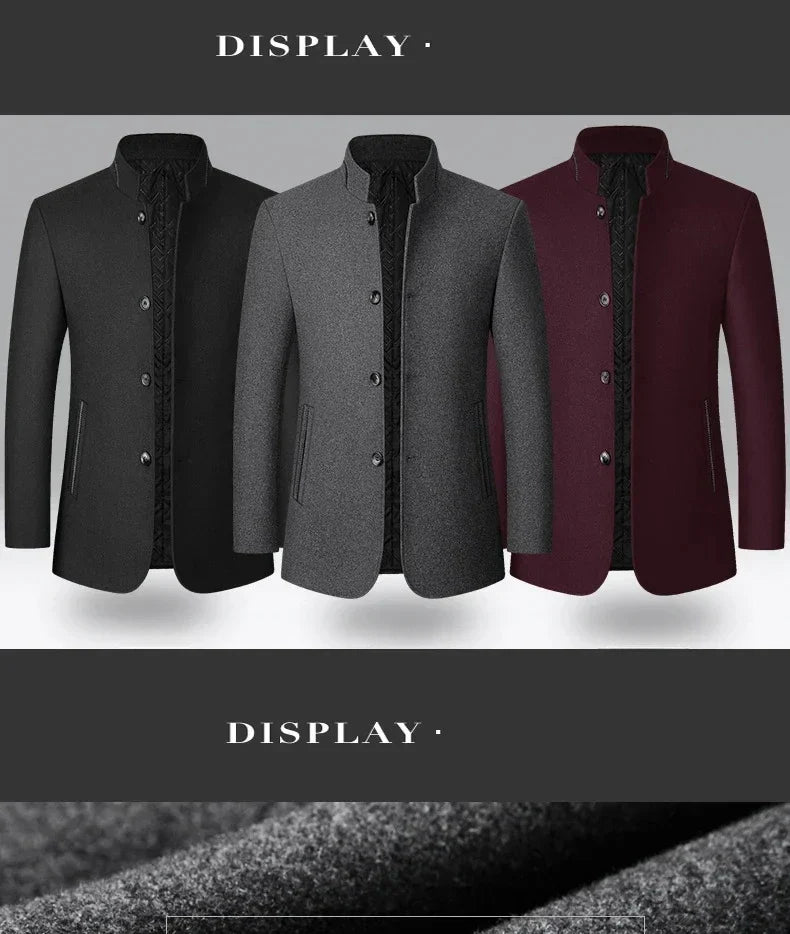 Brand 2026 Winter Coat Mens Chinese Stand Collar Solid Coats for Man Autumn and Winter Business Casual Woolen Jacket