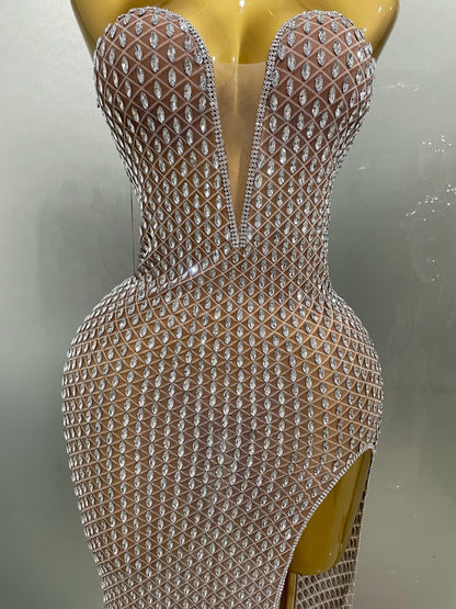 2025 Luxurious Full Rhinestones Mesh Transparent Long Dress Women Birthday Celebrate Evening Prom Dress Party Club Stage Costume
