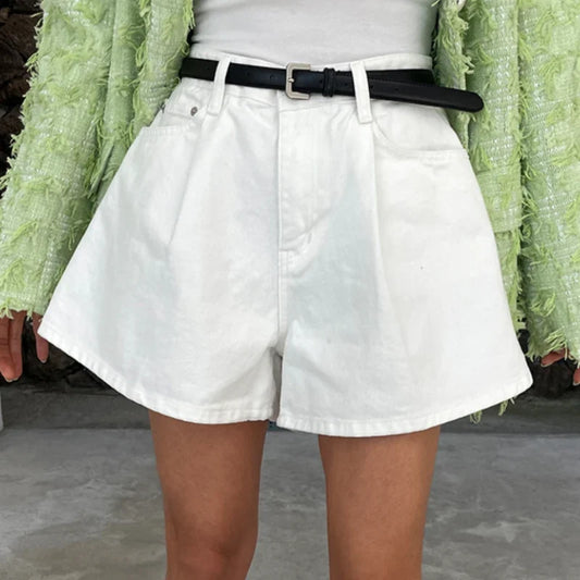 Summer Washed High Waist Women's A-line Denim Shorts Pocket White 2025 New Casual Loose Wide Leg Jeans Shorts Female
