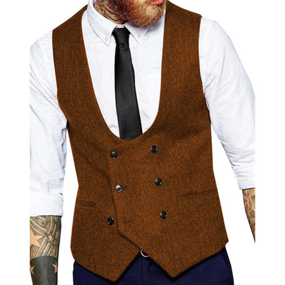 Men Vest Army Green Herringbone Solid Double Button Waistcoat For Wedding Banquet Business Work Casual Daily Men Suit Vest