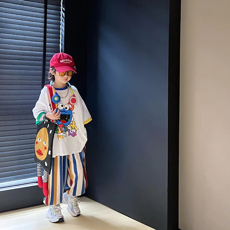 Summer Boys Cotton Contrast Cartoon T-Shirt Tops+Loose Colored Stripes Pant Set School Kids Tracksuit Child 2PCS Outfit 5-16 Yrs