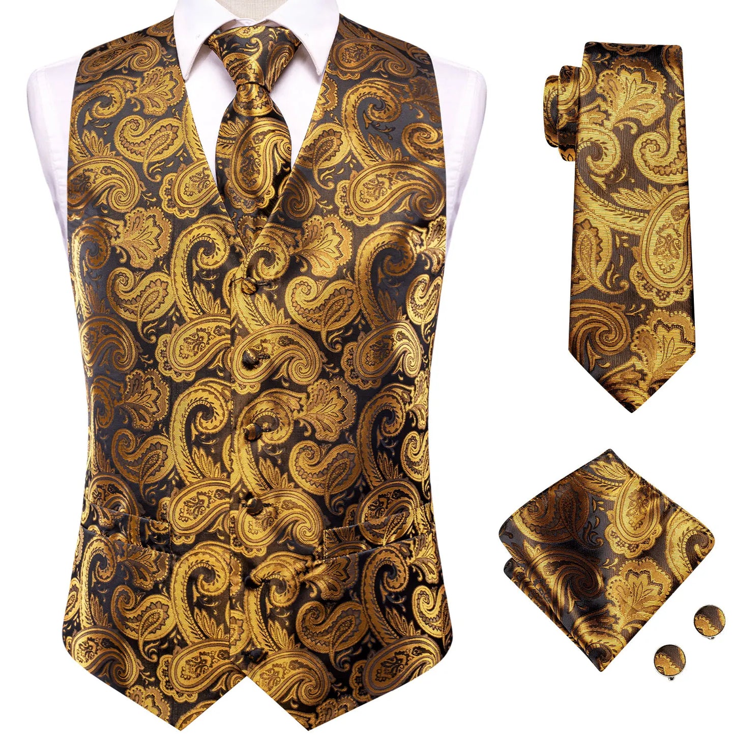 Silk Mens Vests Sleeveless Waist Jacket Jacquard Black Orange Floral Waistcoat Tie Hanky Cufflinks Set for Men Casual XXL