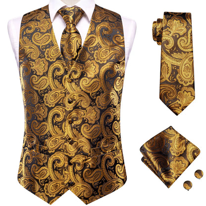 Silk Mens Waistcoat Tie Set Gold Brown Orange Beige Ivory Khaki Bronze Sleeveless Jacket Suit Vest Necktie Hanky Cufflink