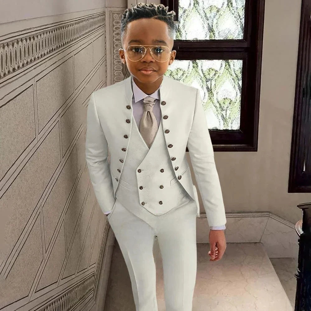 Fashionable Kids Stand-up Collar Suits 3 Pieces Jacket Vest Pants Performance Outfit Comfortable Boys Tuxedo Wedding Guest Wear