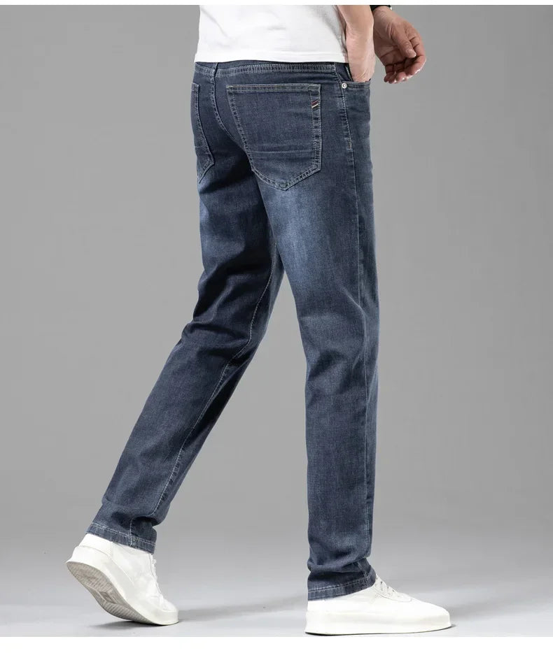 Summer Brand Men's Fit Straight Lightweight Cotton Stretch Jeans Business Casual High Waist Thin Light Grey Jeans mens pants