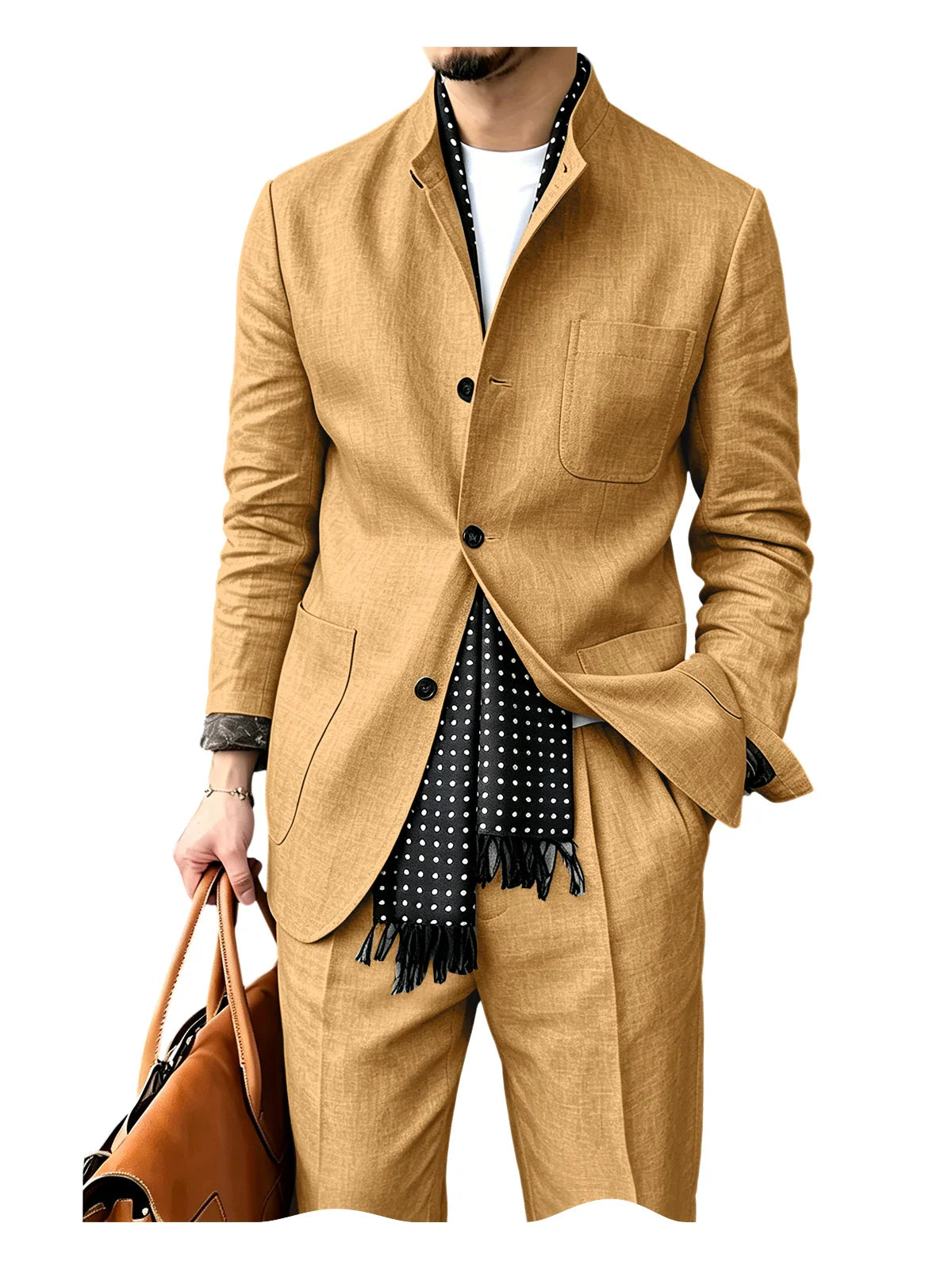 Men's Linen Blend 2 Piece Suit Set Stand Collar Breathable Casual Blazer Pants For Business Daily Wear