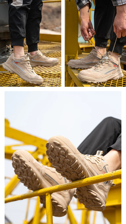 Reflective Strip Design Safety Work Shoes For Men Cow Suede Leather Indestructible Construction Boots Steel Toe Male Footwear