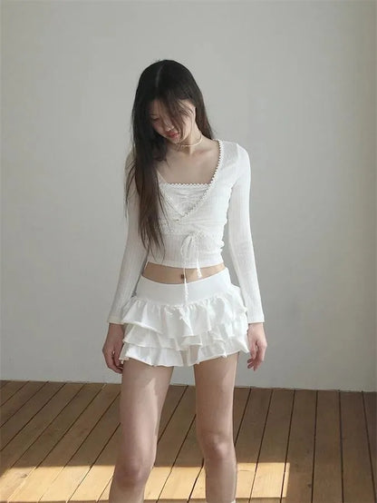 Y2k Lolita Mini Cake Skirt Soft Girl low Waist Ruffle Fluffy Fairy Skirts Summer Kawaii Cute Elegant Short Skirt Black