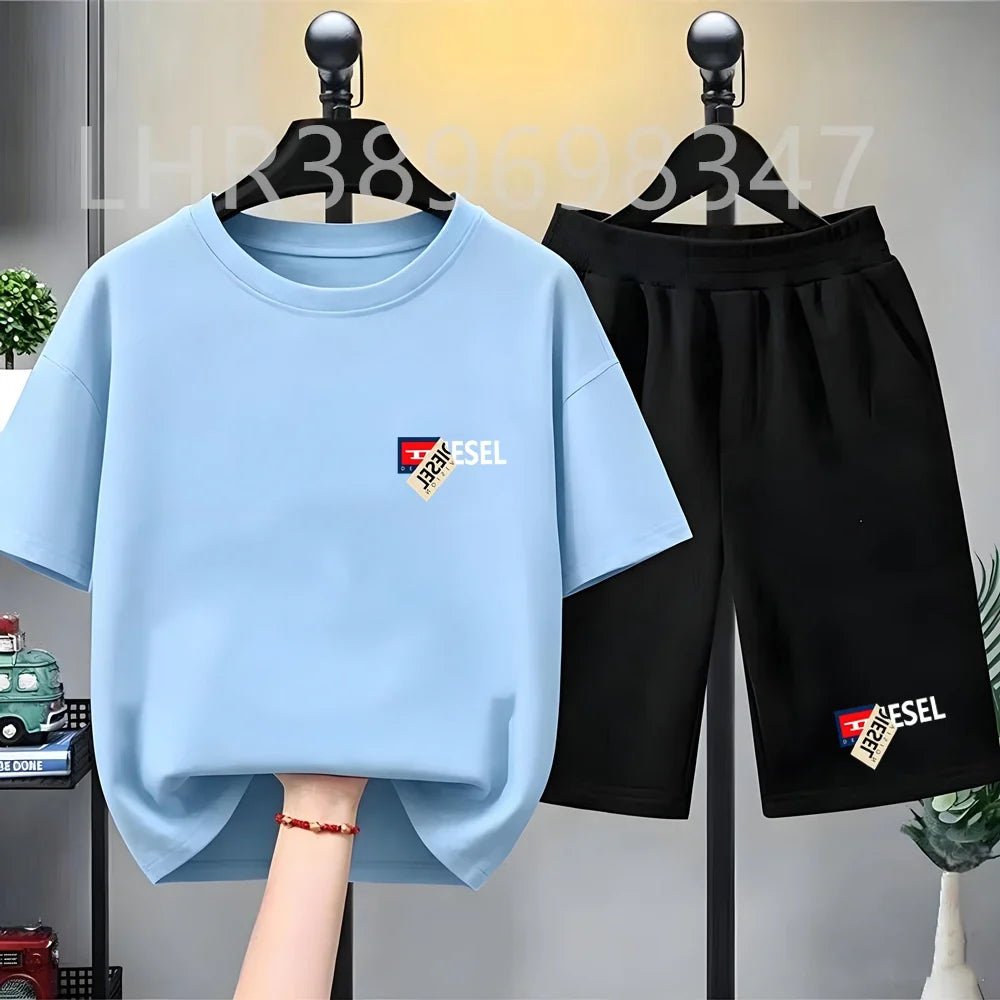 Summer Cool Child Clothes Black Boys Girls Pink Age 3-12 Tee+shorts Suit Children Short Sleeve Brand T-shirts Casual Fashion