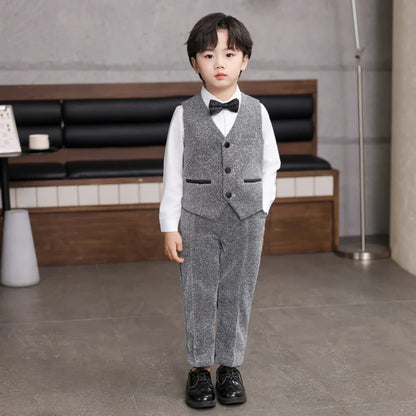 Children's Khaki Striped Suits 3 Pieces Vest Pants Bow-tie Kids Back-to-school Suit Set Wedding Birthday Party Outfit For Boys