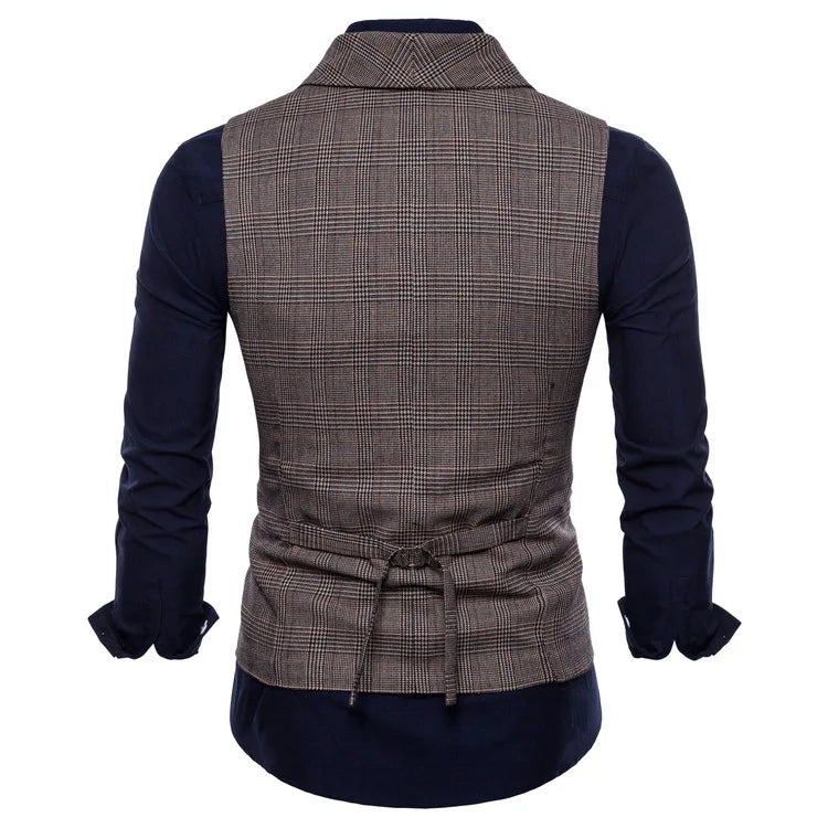 New Men's Checkered Vest, Male Casual Business Suit Vest, Plus Size British-Style  Four Seasons Double Breasted Slim Fit Vest