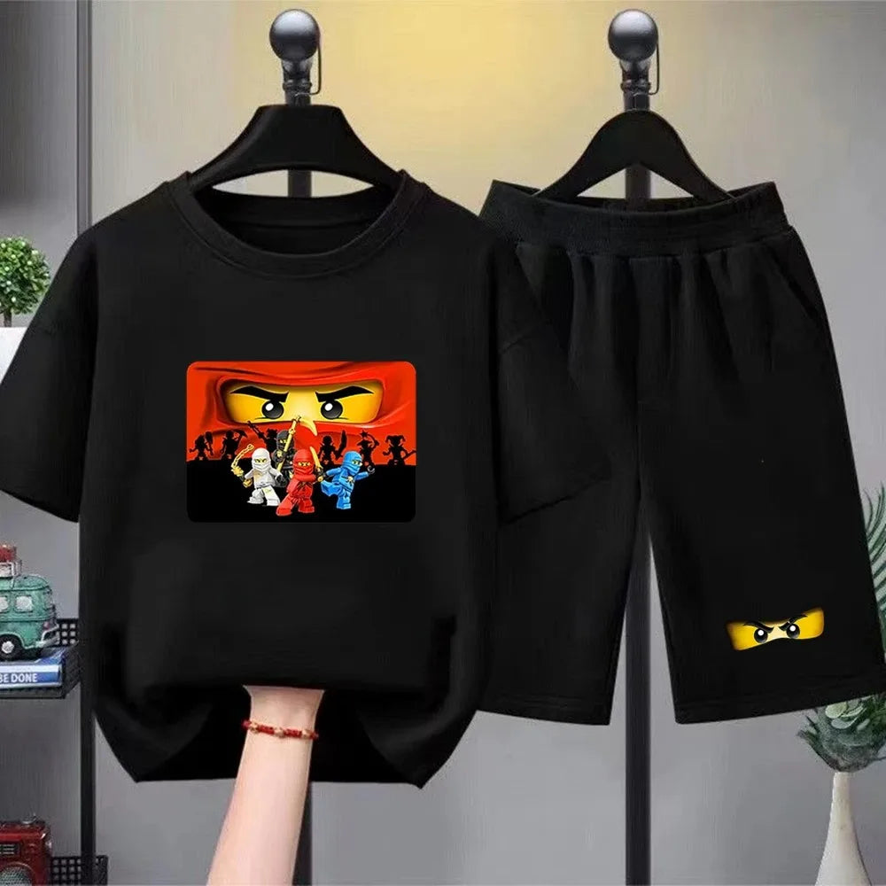Summer T-Shirt Boyand Girls red Casual TShirt+Shorts Sets ninja Printed Kids Outfits Teen Children's Short Sleeve Tops
