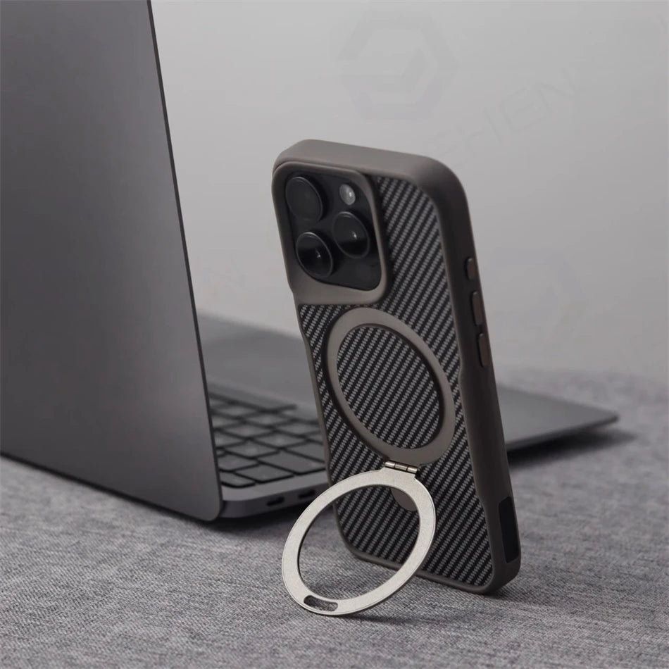 Luxury For Magsafe Shockproof Frame Armor Case For iPhone 13 15 12 14 16 17 Pro Max Metal Bracket Carbon Fiber Pattern Cover