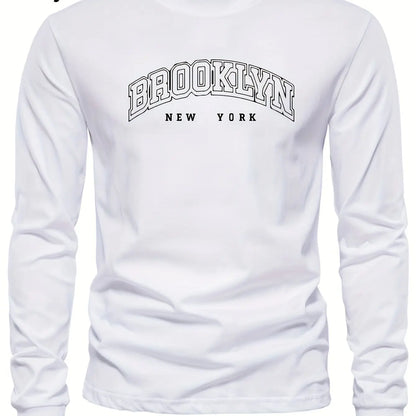 Men's 100% pure cotton loose and comfortable casual sports Brooklyn letter printed round neck long sleeved T-shirt top