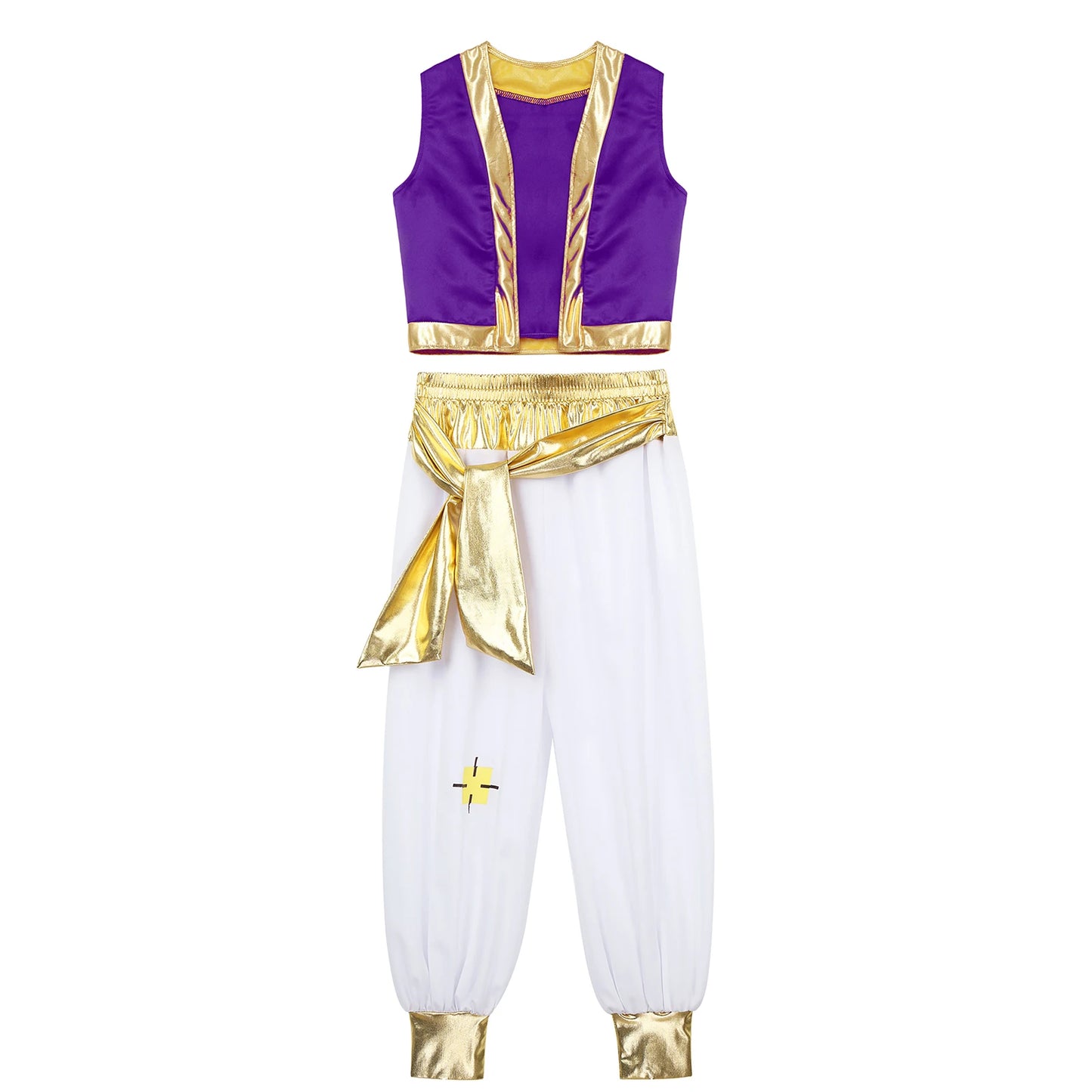 Boys Girls Prince Costume Arabian Prince Fairy Tale Character Cosplay Suits Belly Dance Golden Trim Vest with Satin Bloomer Set