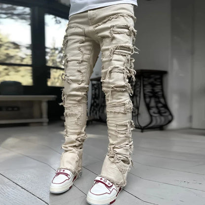 New European and American Heavyweight Streetwise Stretch Patch Jeans for Men, High Street Straight Fit Long Jeans16-3001