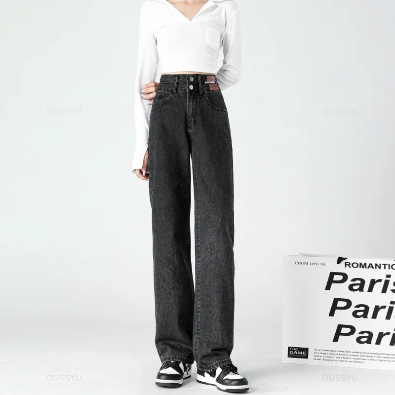 Y2K Woman Jeans High Waist Wide Leg Cotton Denim Clothing Blue White Streetwear Vintage Fashion Harajuku Straight Pants