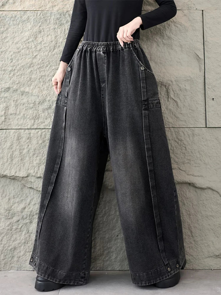 2026 Spring Fashion Classic Denim Pants Ladies Vintage Soild Casual Jeans Women Loose Elastic Waist Wide Leg Trousers