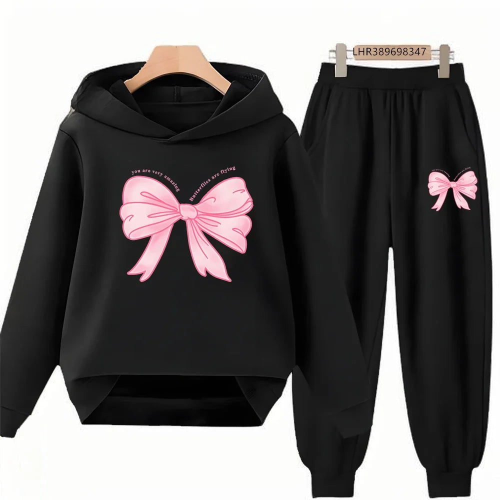Fashion Kids Clothes Bow Print Children Hoodie 3-12 Years Boys Girls Red Pink Casual Tops+Pants Sets Long Sleeves Autumn