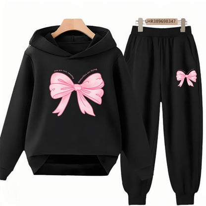 Fashion Kids Clothes Bow Print Children Hoodie 3-12 Years Boys Girls Red Pink Casual Tops+Pants Sets Long Sleeves Autumn