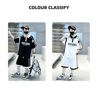 Summer Boys Patchwork Alphabet Preppy T-Shirt Tops+Drawstring Shorts Pant Set School Kids 2PCS Tracksuit Children Outfits 5-16Yr
