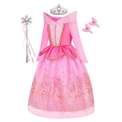 Sleeping Beauty Aurora Princess Dress Cosplay Off Shoulder Kids Gifts Fancy Halloween Party Girl Baby Lace Dress Set