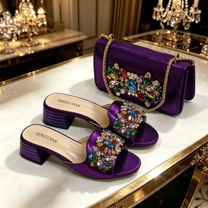 2026 Silver Rhinestone Mules Matching Bag Set Women Peep Toe Block Heel Sandals Wedding Evening Crossbody Handbag