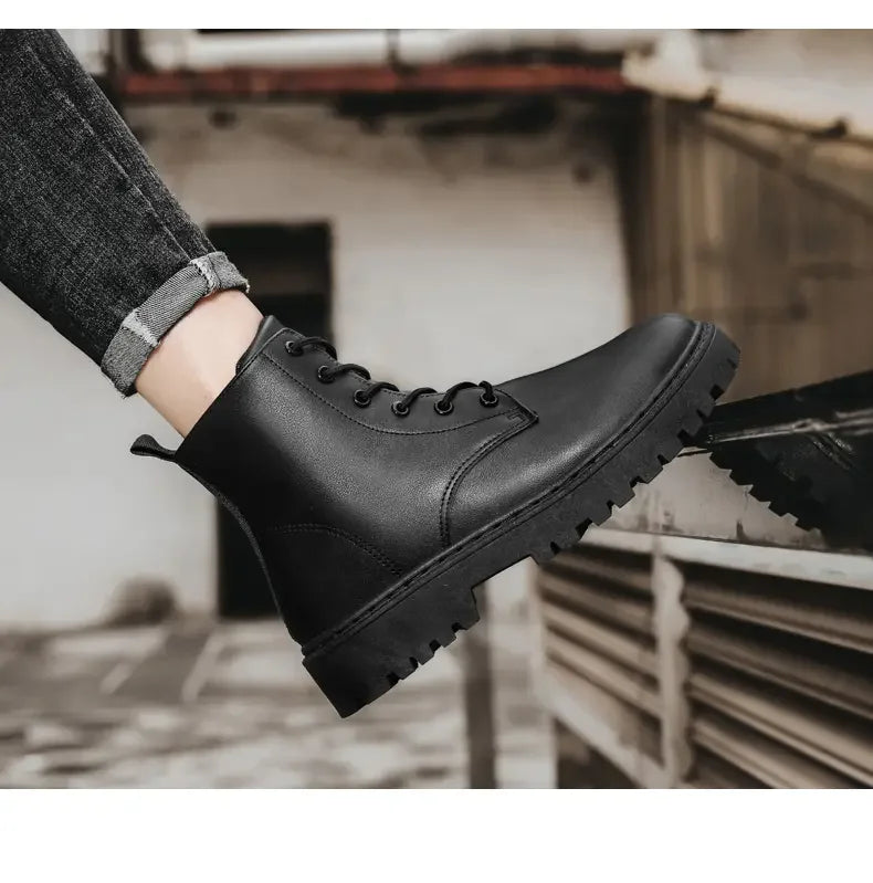 Men Shoes Autumn Anti Slip Waterproof High Top Black Lace Up Casual Leather Shoes Platform Boots Fashion Trend Motorcycle Boots