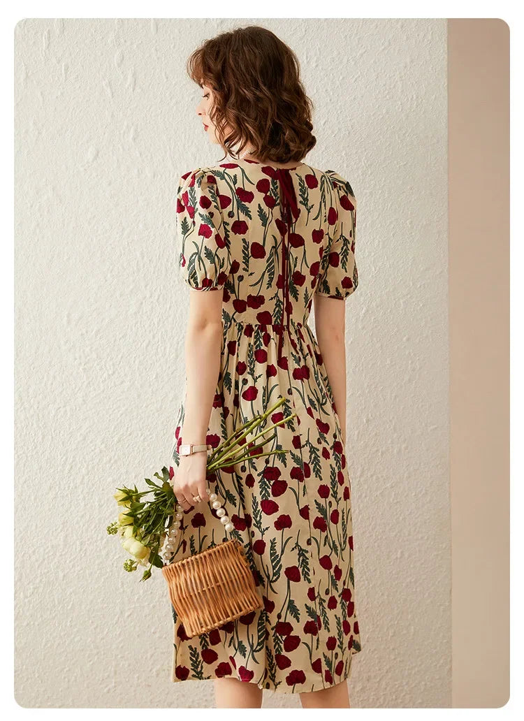 French Floral Print Dress Women 2026 Summer Round Neck Puff Sleeve Fitted Long Dress Casual Streetwear Outfits