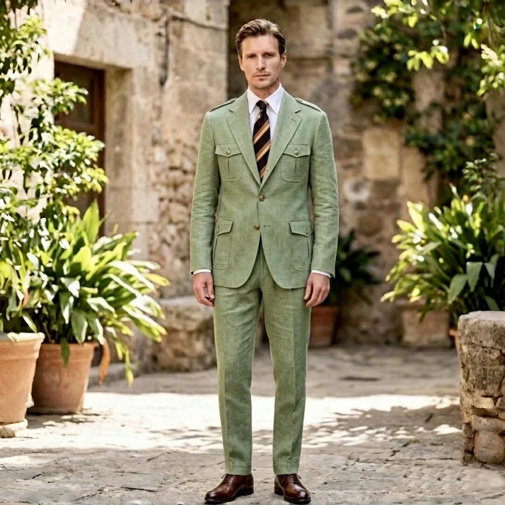 Linen Safari Suits Custom Tailored Separates 2 Pieces Blazer Pants for Men Summer Wedding Groom Tuxedo Trajes Para Hombre