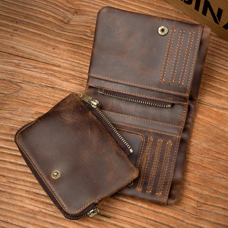 Handmade crazy horse leather wallet retro vertical zipper wallet first layer cowhide simple old wallet man