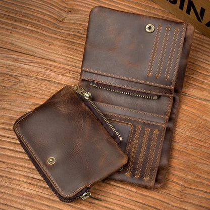 Handmade crazy horse leather wallet retro vertical zipper wallet first layer cowhide simple old wallet man